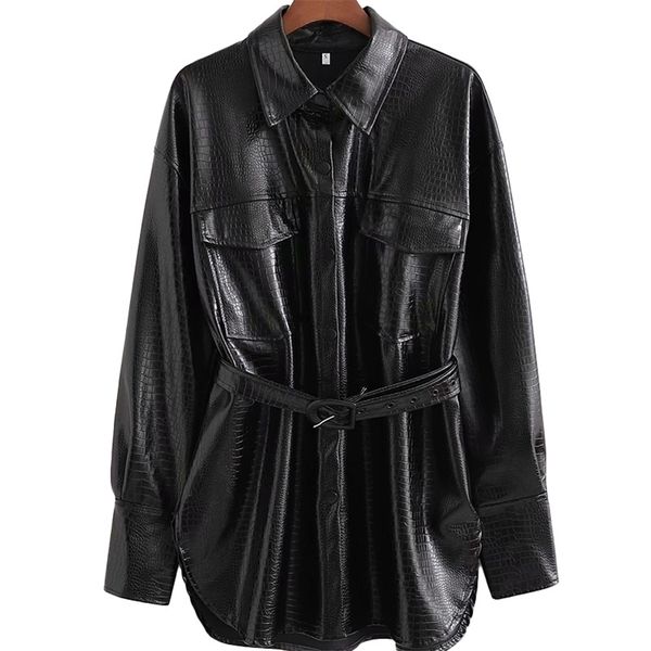 women fashion retro texture belt pu artificial leather clothing female locomotive single breasted long jacket 210531, Black
women fashion retro texture belt pu artificial leather clothing female locomotive single breasted long jacket 210531, Black