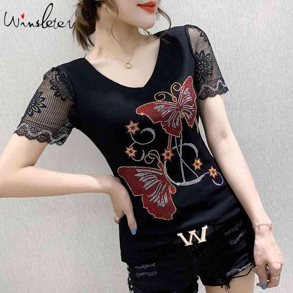 women's t-shirt summer fashion korean clothes t-shirt diamonds butterfly patchwork mesh women ropa mujer short sleeve te, White
women's t-shirt summer fashion korean clothes t-shirt diamonds butterfly patchwork mesh women ropa mujer short sleeve te, White