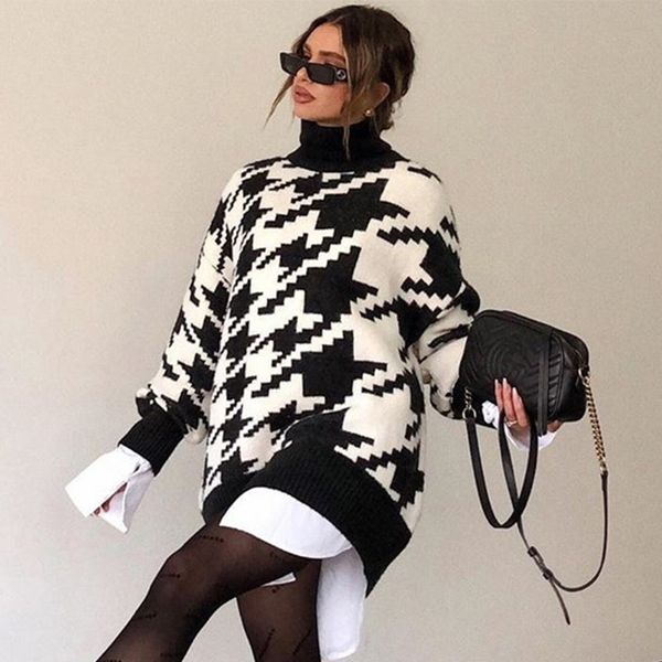 women's turtleneck houndstooth sweaters for girls oversized female pulovers winter fall long sleeve loose warm jumper 210415, White;black
women's turtleneck houndstooth sweaters for girls oversized female pulovers winter fall long sleeve loose warm jumper 210415, White;black
