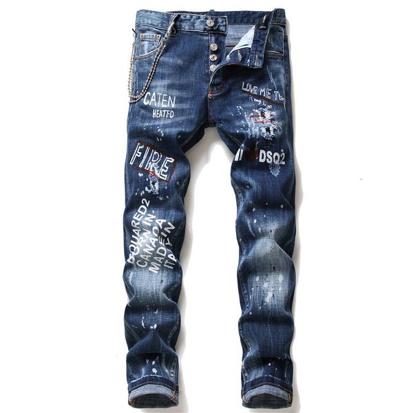 jeans fashion print men's autumn hole patch fashion brand slim graffiti elastic small straight pants, Blue
jeans fashion print men's autumn hole patch fashion brand slim graffiti elastic small straight pants, Blue