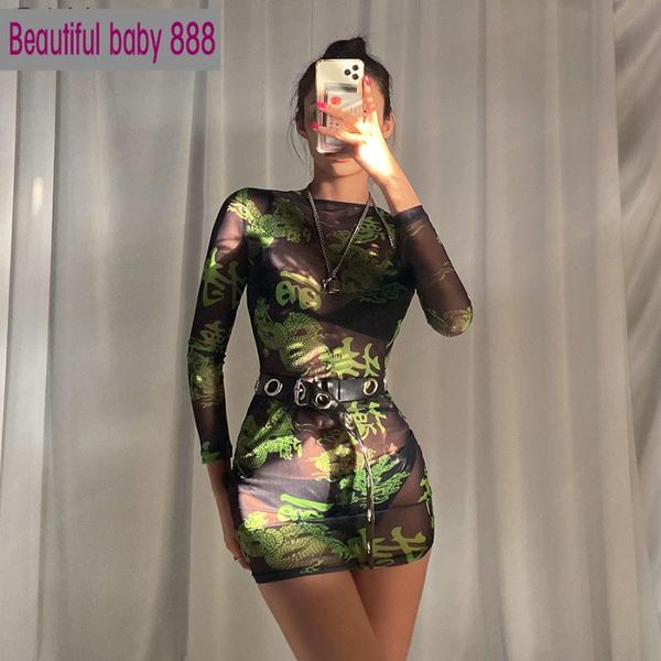 casual dresses meqeiss 2021 printing mini women long sleeves o-neck dress see-through bodycon fashion simple style, Black;gray