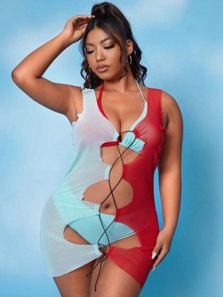 3pack plus color block halter bikini swimsuit & lace up kimono t7zz#, Black 
3pack plus color block halter bikini swimsuit & lace up kimono t7zz#, Black