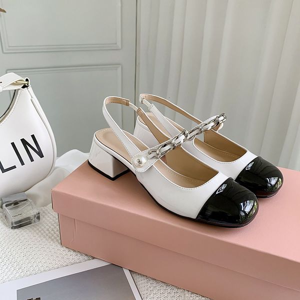 * miu mary jane baotou sandals women's thick heel pearl color contrast back empty single shoe middle summer shoes, Black
* miu mary jane baotou sandals women's thick heel pearl color contrast back empty single shoe middle summer shoes, Black