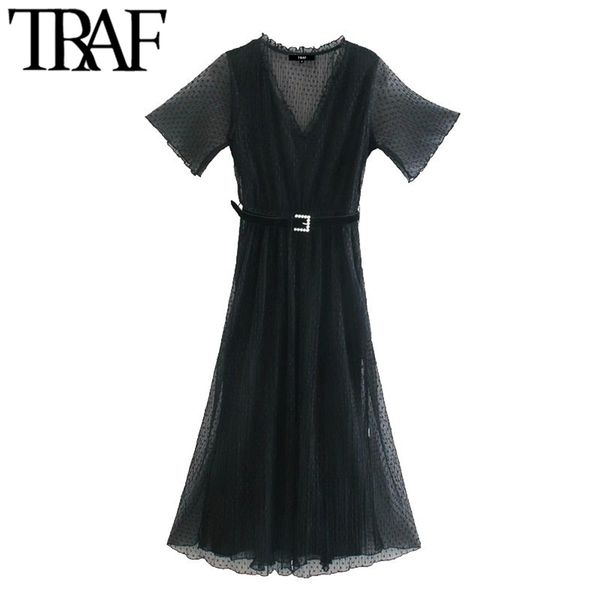 women chic fashion with belt dotted mesh midi dress vintage v neck short sleeve elastic waist female dresses mujer 210507, Black;gray
women chic fashion with belt dotted mesh midi dress vintage v neck short sleeve elastic waist female dresses mujer 210507, Black;gray