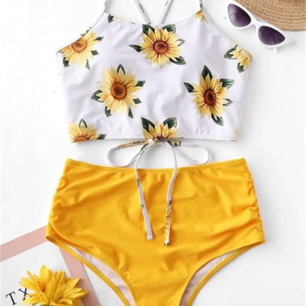 2020 sunflower print swimsuit bikini, White;black