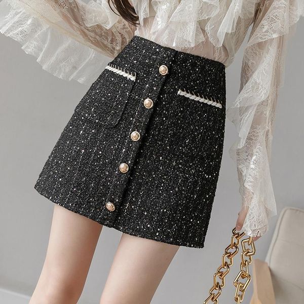 winter wool single breasted pocket womens skirt front glitter tweed mini saia feminina, Black
winter wool single breasted pocket womens skirt front glitter tweed mini saia feminina, Black