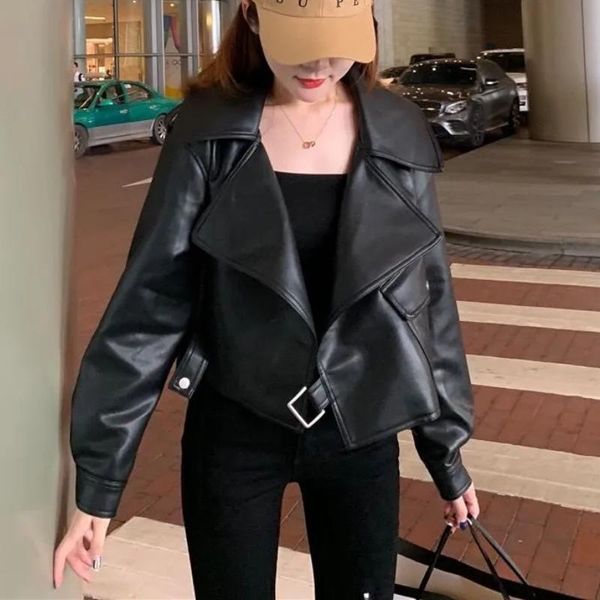women's leather & faux women jacket turndown collar biker coat pu motorcycle jackets loose streetwear fashion coats abrigos mujer, Black
women's leather & faux women jacket turndown collar biker coat pu motorcycle jackets loose streetwear fashion coats abrigos mujer, Black