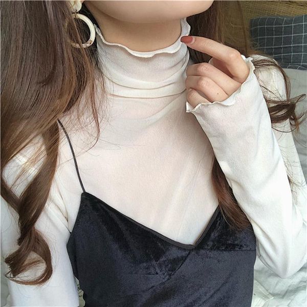 women's t-shirt ladies all match t shirt solid color high collar perspective retro temperament fashion women slim, White
women's t-shirt ladies all match t shirt solid color high collar perspective retro temperament fashion women slim, White
