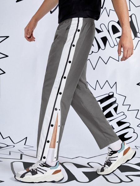men contrast side seam button detail colorblock pants b45e#, Black
men contrast side seam button detail colorblock pants b45e#, Black