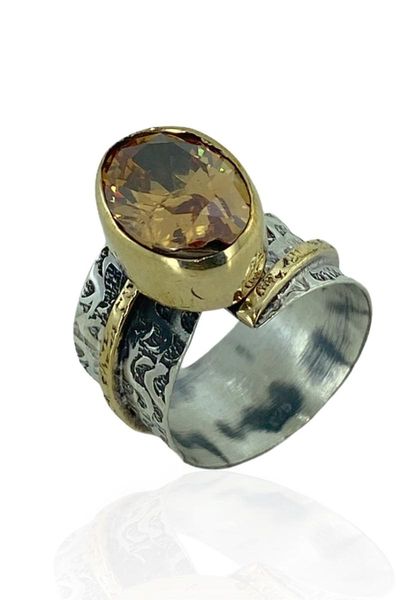 cluster rings authentic hand production custom design citrine stone 925 silver ring, Golden;silver