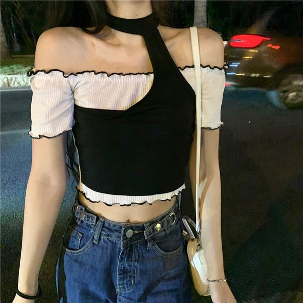 women's t-shirt 2021 summer women patchwork fake two piece contrast color off shoulder tees korean chic harajuku irregular t-shirts, White
women's t-shirt 2021 summer women patchwork fake two piece contrast color off shoulder tees korean chic harajuku irregular t-shirts, White