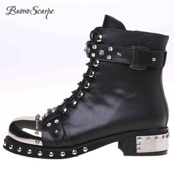boots buonoscarpe women lace up leather strap ankle rivets metal heels high shoes round toe motorcycle botas mujer, Black
boots buonoscarpe women lace up leather strap ankle rivets metal heels high shoes round toe motorcycle botas mujer, Black