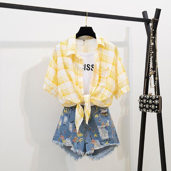tracksuits 2021 female summer short sleeve two piece korea cloth plaid shirt print jean shorts women's casual sets, Gray
tracksuits 2021 female summer short sleeve two piece korea cloth plaid shirt print jean shorts women's casual sets, Gray