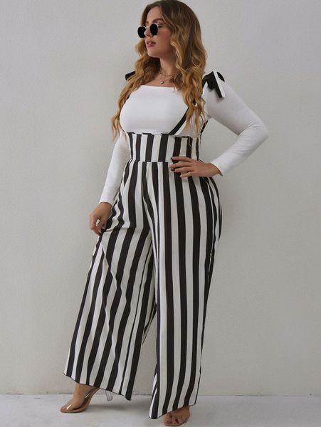plus striped tie shoulder jumpsuit without tee e1e5#, Black 
plus striped tie shoulder jumpsuit without tee e1e5#, Black