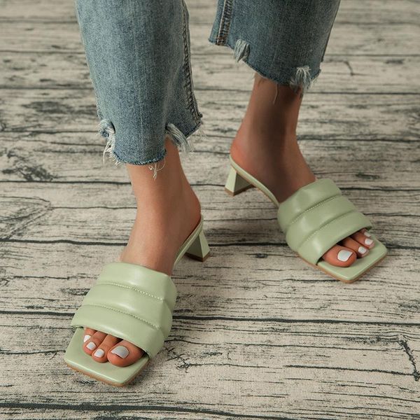 women slippers fashion thick low heels sandals shoes for woman casual square toe heel slides female flip flops, Black