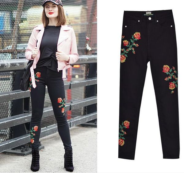 women's pants & capris chinese style embroidered flower with black waist denim penicl fashionable fine fit ninth jeans, Black;white
women's pants & capris chinese style embroidered flower with black waist denim penicl fashionable fine fit ninth jeans, Black;white