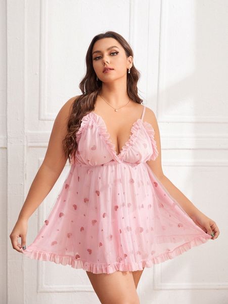 plus heart pattern frill trim slips with panty e9ok#, Black;white