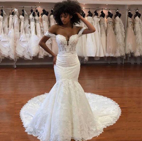 african off the shoulder lace mermaid wedding dress appliqued bridal gowns sweep train corset back tulle plus size bride dresses, White
african off the shoulder lace mermaid wedding dress appliqued bridal gowns sweep train corset back tulle plus size bride dresses, White