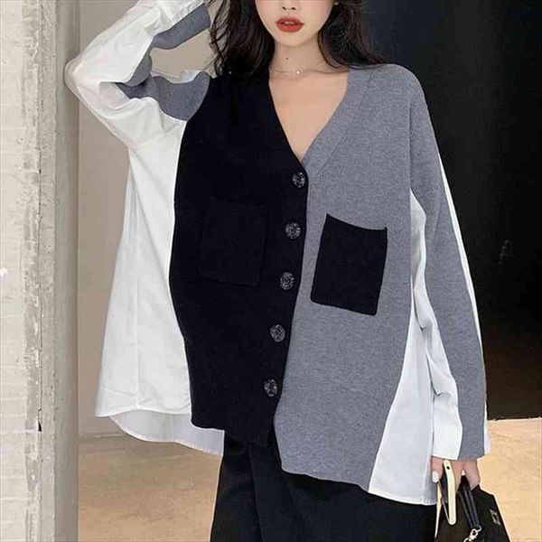 womens spring autumn loose v-neck sweater stitching cardigan jersey mujer pull femme nouveaute punk jumper female, White;black
womens spring autumn loose v-neck sweater stitching cardigan jersey mujer pull femme nouveaute punk jumper female, White;black