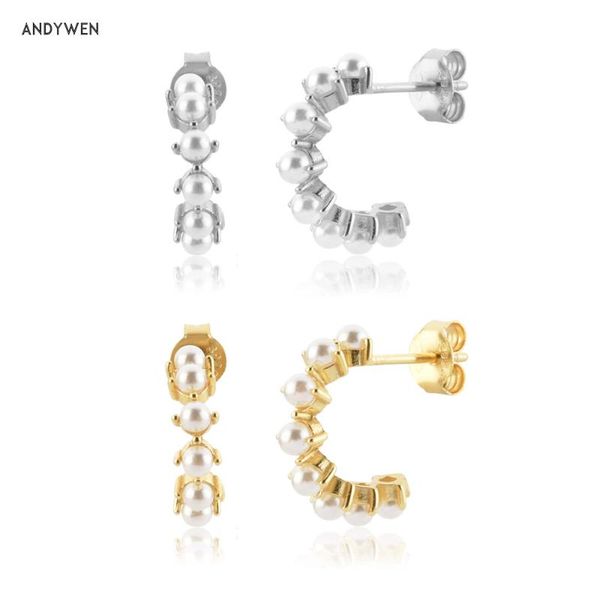 hoop & huggie andywen 925 sterling silver gold pearl hoops piercing pendientes circle luxury jewelry clips rock punk jewels loops, Golden;silver