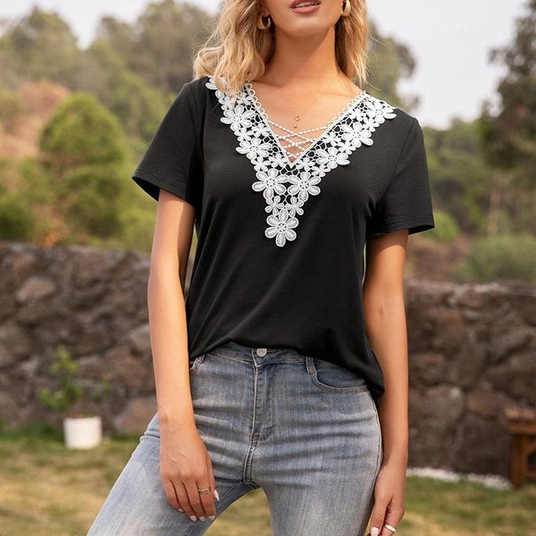 women's t-shirt uclio deep v-neck hollow lace stitching top, White
women's t-shirt uclio deep v-neck hollow lace stitching top, White