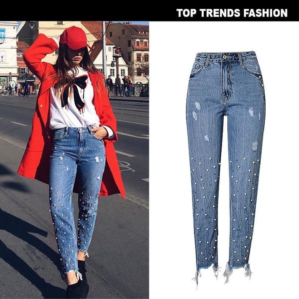 women's jeans european and american high waist slim straight pearl 3 color studs irregular foot tassel ripped denim trousers, Blue
women's jeans european and american high waist slim straight pearl 3 color studs irregular foot tassel ripped denim trousers, Blue