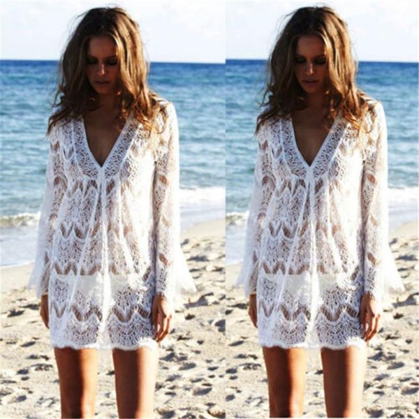 women lace floral beach mini dress long flare sleeve v neck hollow white crochet bikini cover up swimwear sundress casual dresses, Black;gray
women lace floral beach mini dress long flare sleeve v neck hollow white crochet bikini cover up swimwear sundress casual dresses, Black;gray