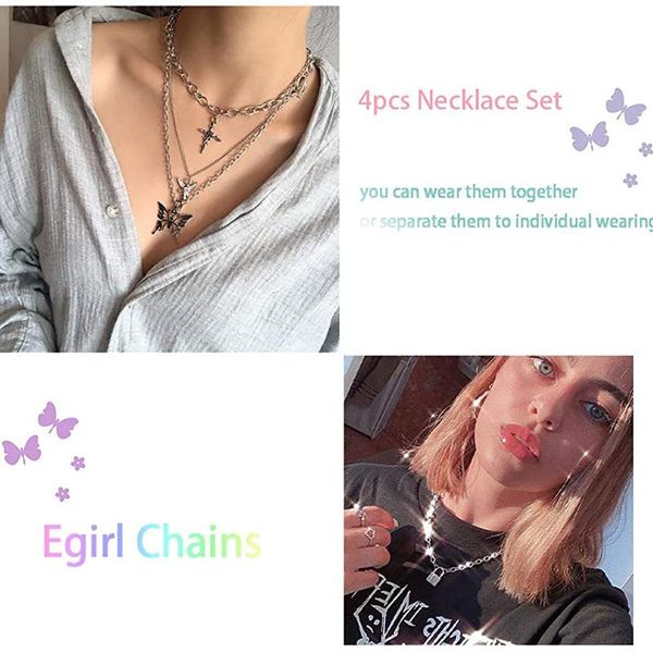 chains butterfly lock necklace angel layered choker-aesthetic chunky 3 kinds pendant choker collares para hombres, Silver 
chains butterfly lock necklace angel layered choker-aesthetic chunky 3 kinds pendant choker collares para hombres, Silver
