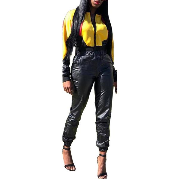 women's two piece pants autumn and winter fashion clothing leather jacket stitching zipper two-piece suit, White
women's two piece pants autumn and winter fashion clothing leather jacket stitching zipper two-piece suit, White