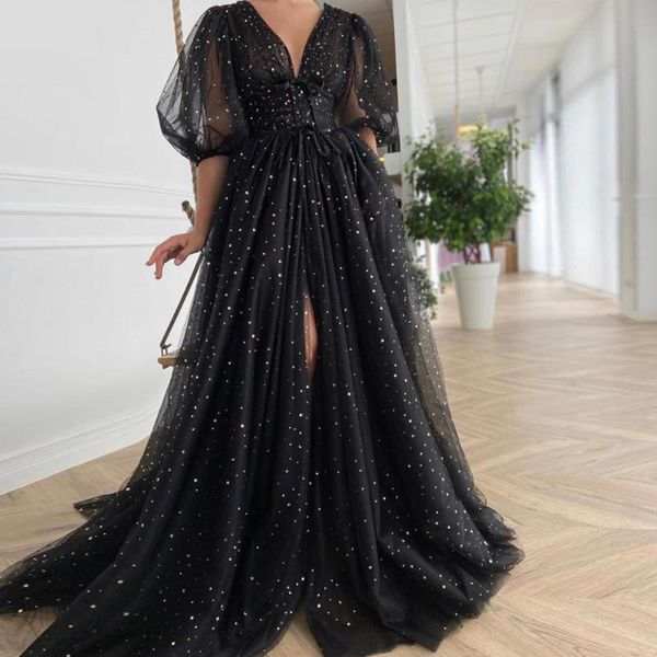 party dresses black tulle prom sparkly v-neck half puff sleeves ruched wedding slits long a-line gowns, White;black
party dresses black tulle prom sparkly v-neck half puff sleeves ruched wedding slits long a-line gowns, White;black