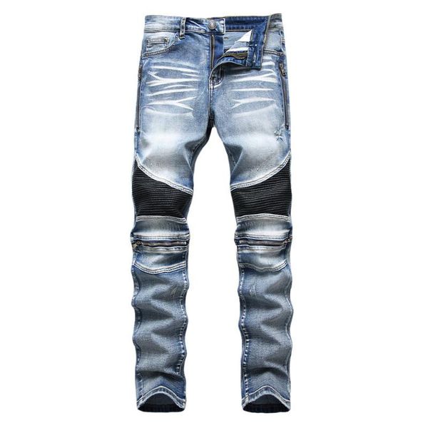 men's jeans leather patchwork biker streetwear zippers pleated stretch denim pants ripped trousers, Blue
men's jeans leather patchwork biker streetwear zippers pleated stretch denim pants ripped trousers, Blue