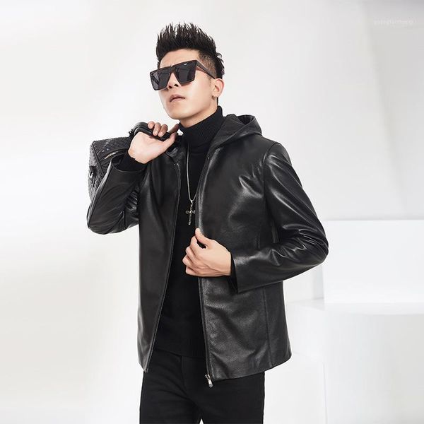 men's leather & faux autumn 2021 hooded long and medium-sized layer cowhide slim fit korean jacket, Black
men's leather & faux autumn 2021 hooded long and medium-sized layer cowhide slim fit korean jacket, Black