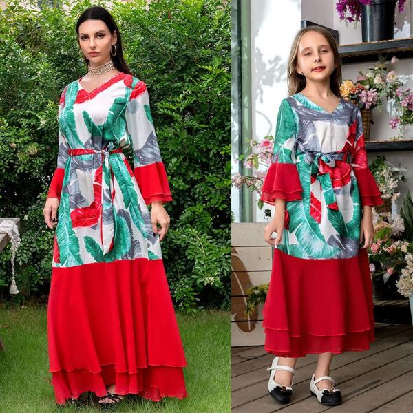 ethnic clothing muslim fashion female parent-child outfit middle eastern robe holiday dress chiffon stitching abbaya for women moroccan kaft, Red 
ethnic clothing muslim fashion female parent-child outfit middle eastern robe holiday dress chiffon stitching abbaya for women moroccan kaft, Red