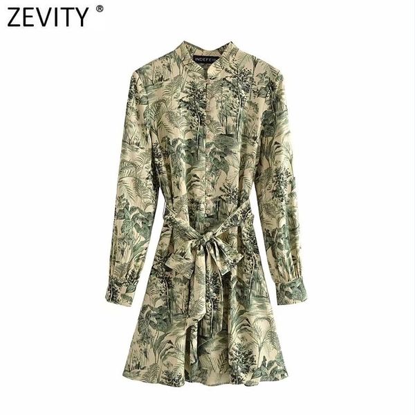 

zevity women vintage green leaves print single breasted casual shirt dress office ladies chic bow tie sashes vestidos ds8318 210419, Black;gray