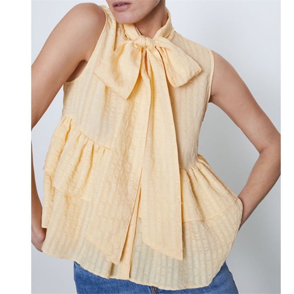 women summer chiffon solid blouses shirrts sleeveless bow tie collar cascading ruffle female fashion thin blusas 210513, White
women summer chiffon solid blouses shirrts sleeveless bow tie collar cascading ruffle female fashion thin blusas 210513, White