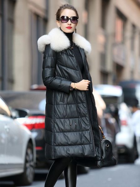 women's leather & faux autumn and winter sheep skin down jacket women's middle long detachable hat fur collar, Black