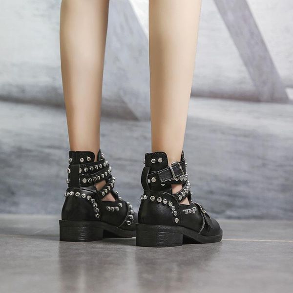 boots rivet buckle women fashion round head, Black