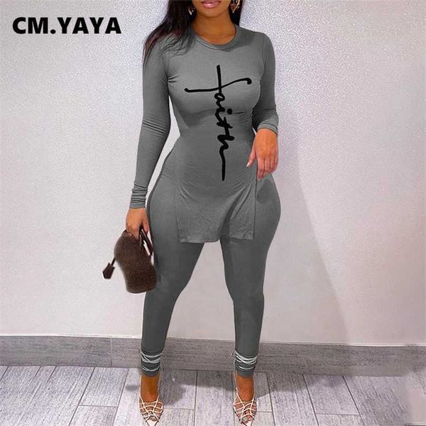 cm.yaya women tracksuit print slited long + skinny pants two 2 piece sets fashion casual pants set autumn outfits 211126, White 
cm.yaya women tracksuit print slited long + skinny pants two 2 piece sets fashion casual pants set autumn outfits 211126, White
