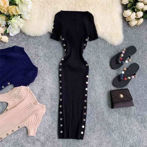 women summer knitted dress vestidos short sleeve o-neck vintage rivet bodycon dresses ladies slim club party robe 210602, Black;gray
women summer knitted dress vestidos short sleeve o-neck vintage rivet bodycon dresses ladies slim club party robe 210602, Black;gray