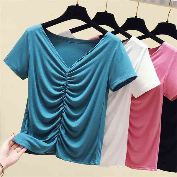 wwenn women pleated short t-shirt sleeve v-neck cotton modal t shirt summer female fashion crop tee loose white pink 210507
wwenn women pleated short t-shirt sleeve v-neck cotton modal t shirt summer female fashion crop tee loose white pink 210507