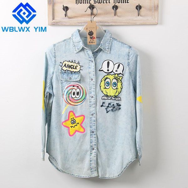 women's blouses & shirts denim shirt jacket women letter embroidery fashion cartoons print womens and loose long sleeve jeans female, White
women's blouses & shirts denim shirt jacket women letter embroidery fashion cartoons print womens and loose long sleeve jeans female, White