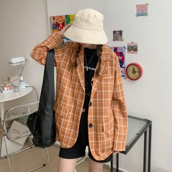 women's suits & blazers simple single breasted plaid blazer women all match fall notched coats 2021 loose lazy vintage autumn, White;black
women's suits & blazers simple single breasted plaid blazer women all match fall notched coats 2021 loose lazy vintage autumn, White;black