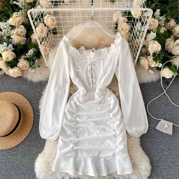 sweet fungus side slash neck long sleeve lace-up waist thin short ruffle dress women solid color vestidos q065 210527, Black;gray
sweet fungus side slash neck long sleeve lace-up waist thin short ruffle dress women solid color vestidos q065 210527, Black;gray