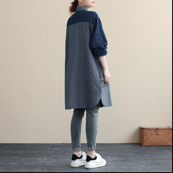 spring autumn arts style womens shirt turn down collar long denim coat stripe patchwork embroidery loose blouse femme m524, White
spring autumn arts style womens shirt turn down collar long denim coat stripe patchwork embroidery loose blouse femme m524, White
