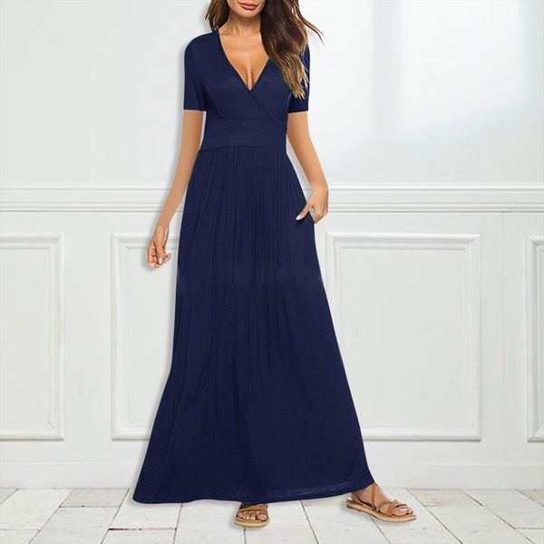 elegant casual solid women dress v neck short sleeve long with pockets vestidos mujer verano, Black;gray
elegant casual solid women dress v neck short sleeve long with pockets vestidos mujer verano, Black;gray