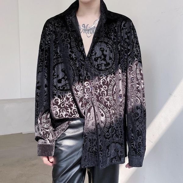 men shiny vintage pattern velvet long sleeve casual shirt outerwear male retro stage show clothes men's shirts, White;black
men shiny vintage pattern velvet long sleeve casual shirt outerwear male retro stage show clothes men's shirts, White;black