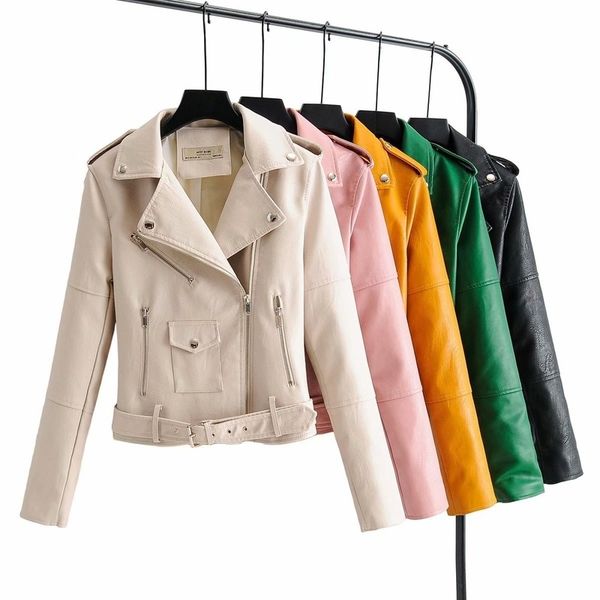 women black faux leather jacket spring autumn long sleeve zipper short coat woman biker moto pu outwear with belt 210602
women black faux leather jacket spring autumn long sleeve zipper short coat woman biker moto pu outwear with belt 210602