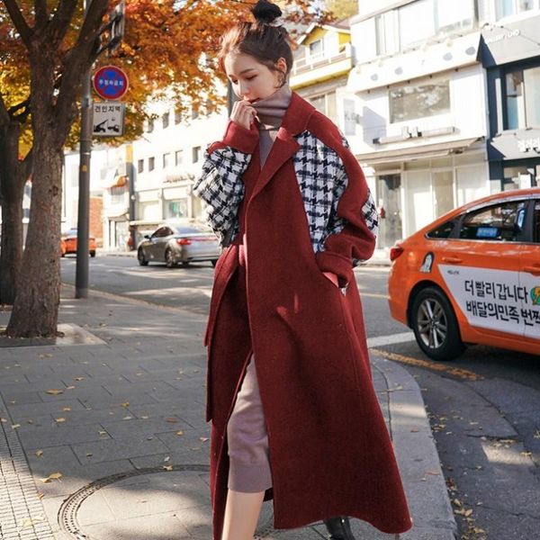 women's wool & blends women medium-long red overcoat winter thick loose plaid spliced blend coat lapel elegant office lady sashes outer, Black
women's wool & blends women medium-long red overcoat winter thick loose plaid spliced blend coat lapel elegant office lady sashes outer, Black
