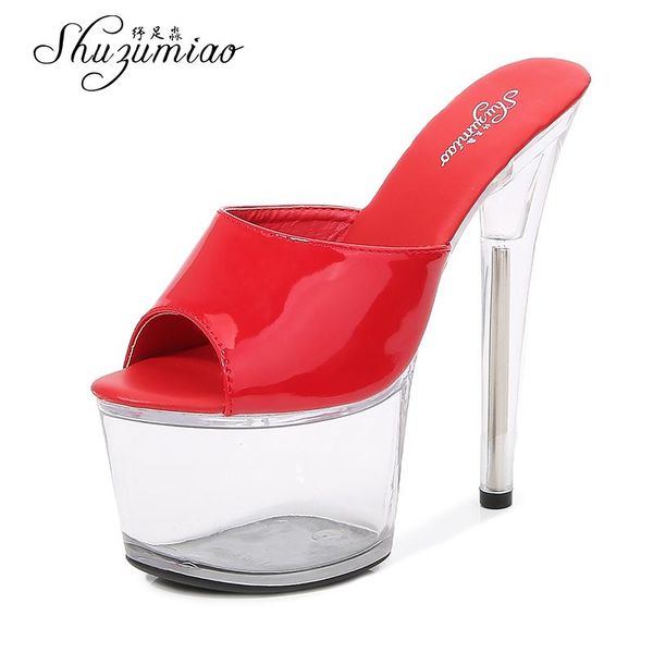 shuzumiao super high heels women's slippers patent leather 16.5cm transparent crystal heel stripper women shoes platform, Black
shuzumiao super high heels women's slippers patent leather 16.5cm transparent crystal heel stripper women shoes platform, Black
