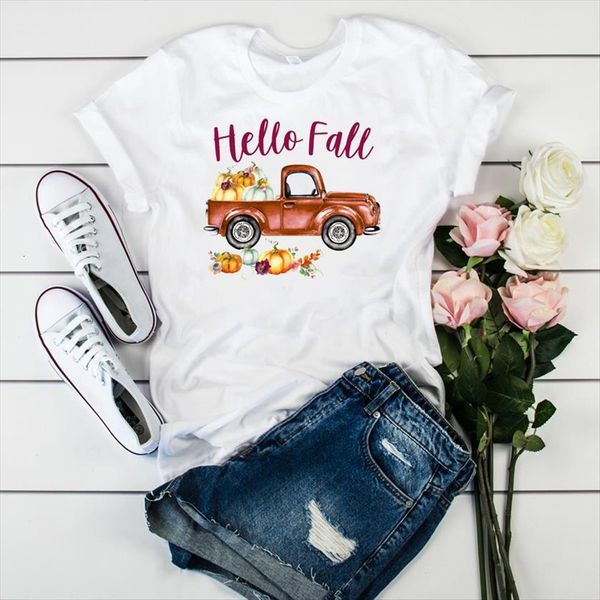 hello fall pumpkin print women short sleeve loose tee clothes graphic, White